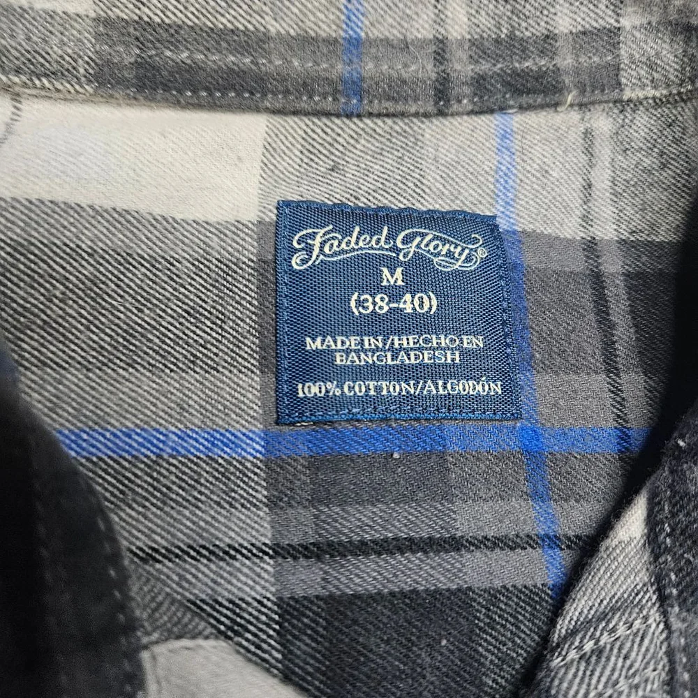 Men's Faded Glory Medium Blue Grey White Long Sleeve Flannel Shirt